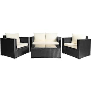 4-Piece Wicker Rattan Patio Conversation Set with White Cushions