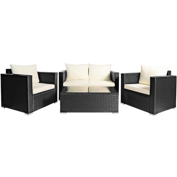 ANGELES HOME 4-Piece Wicker Rattan Patio Conversation Set with White Cushions