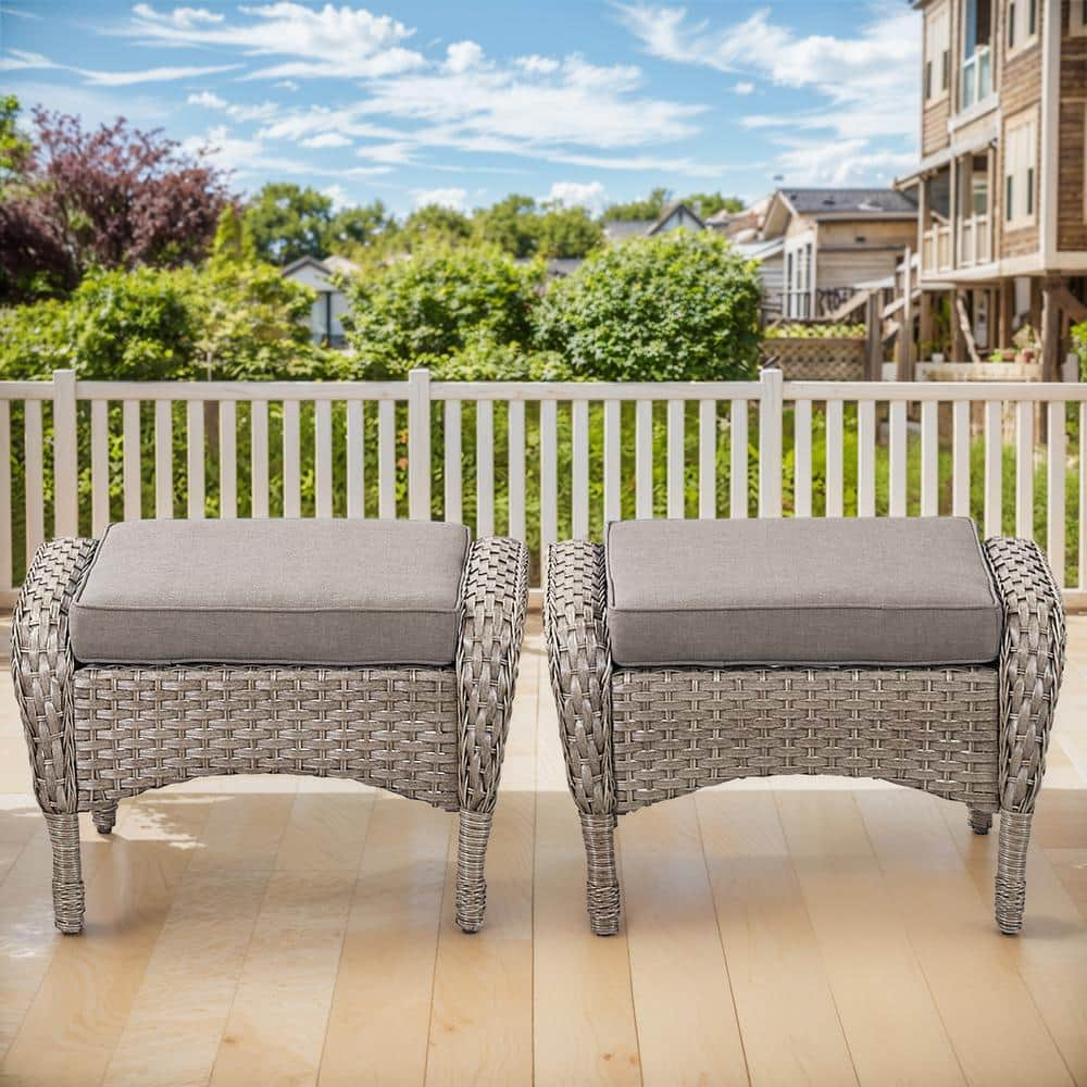 moosprr Gray Wicker Outdoor Ottoman with Gray Cushions (2-Pack)