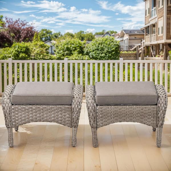 moosprr Gray Wicker Outdoor Ottoman with Gray Cushions (2-Pack)