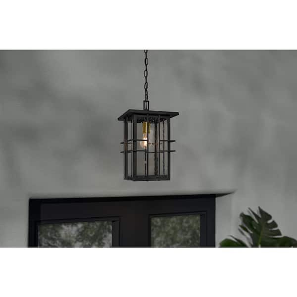 Glenfield 16 in. 1-Light Black Hanging Outdoor Pendant Light Fixture with Seeded Glass