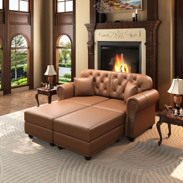 63 in. Rolled Arm Faux Leather Sofa in Brown with Nailhead Trim,Rolled Armrests,2 Ottomans and 2 Pillows