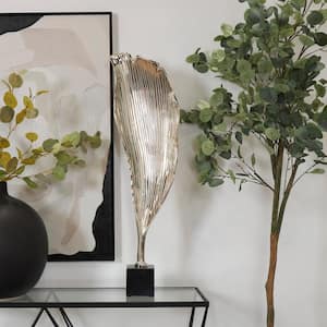 Silver Aluminum Textured Leaf Abstract Sculpture with Black Marble Base