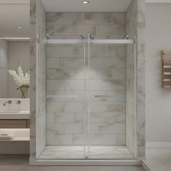 56 - 60 in W x 74 in H Dual Sliding Frameless Soft-Close Shower Door in Brushed Nicke with (8 mm) Clear Glass
