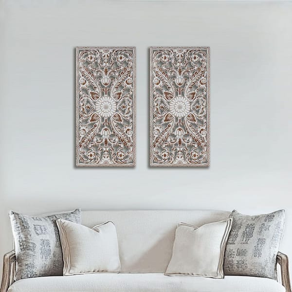 Botanical Panel 31.5 in. x 15.75 in. Antique Brown Distressed Carved Decor Set by N/A Wall Art