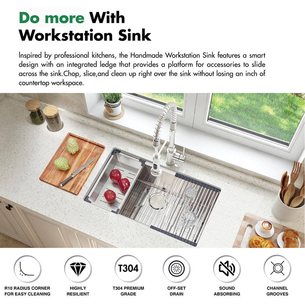 304 Stainless Steel 32 in. Single Bowl Undermount Workstation Kitchen Sink with Grid Board Colander Drying Rack