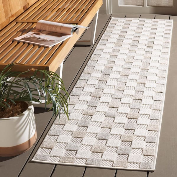 Stella Ivory/Gray Beige 2 ft. x 8 ft. Checkered High-Low Indoor/Outdoor Runner Rug