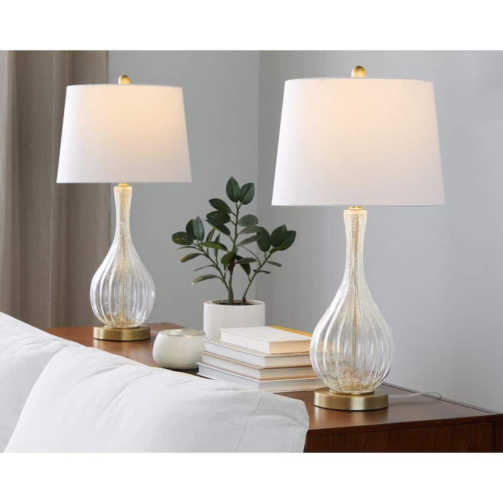 Jenny 27 in. Clear Crackle Glass, Gold Metal and White Linen Table Lamp (Set of 2) price history on PriceWatchPro