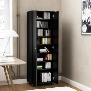 70.9 in. H Black Wood Bookcase Bookshelf with adjustable Shelves, 2 door Cabinet and Wheels