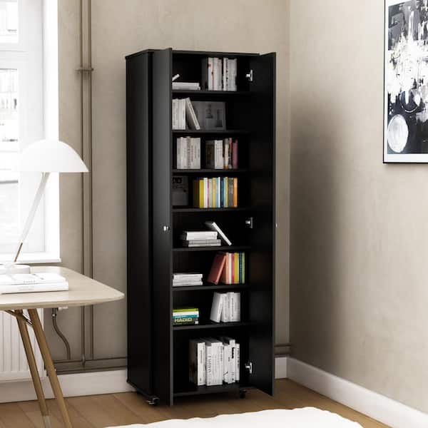 FUFU&GAGA 70.9 in. H Black Wood Bookcase Bookshelf with adjustable Shelves, 2 door Cabinet and Wheels