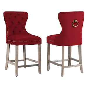 Harper 24 in. in Red Velvet Tufted Wingback Kitchen Counter Bar Stool with Solid Wood Frame in Antique Gray (Set of 2)