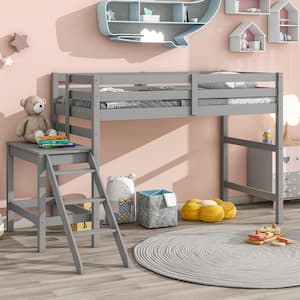 New Upgrade Pine Wood Gray Twin Loft Bed Kid Bed Frame with Platform, Guard Rail and Ladder, No Box Spring Needed