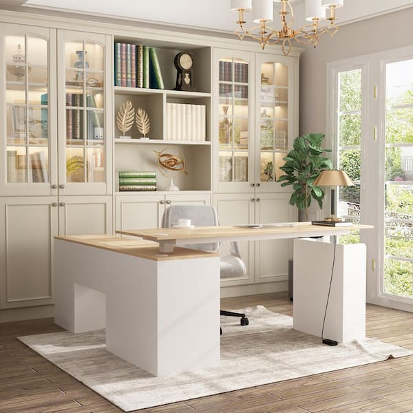 FUFU&GAGA 63 in. W L- Shaped White Wood Adjustable Height Computer
