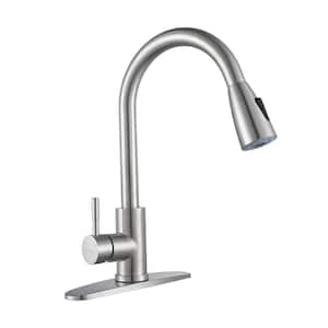 Stainless Steel Single Handle Pull Out Sprayer Kitchen Faucet with Deckplate in Brushed Nickel