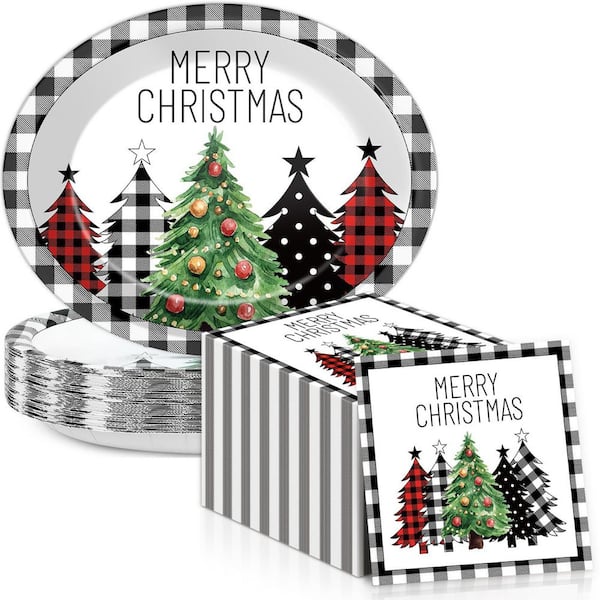 50-Piece Christmas Paper Oval Plates, 11 in. Black Buffalo Plaid Christmas Tree Plates and Napkins