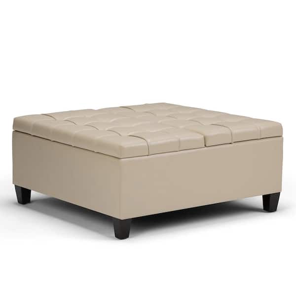 Simpli Home Harrison 36 in. Wide Transitional Square Coffee Table Storage Ottoman in Satin Cream Vegan Faux Leather, Assembled