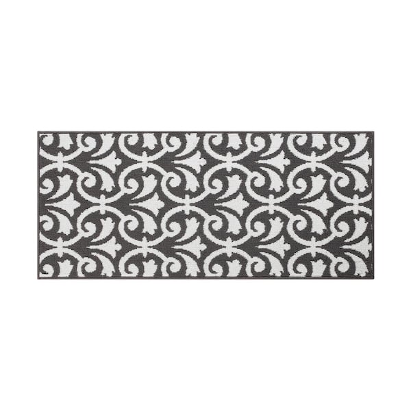 Jean Pierre Washable Non-Skid Dark Grey and White 26 in. x 60 in. Medallion Accent Rug