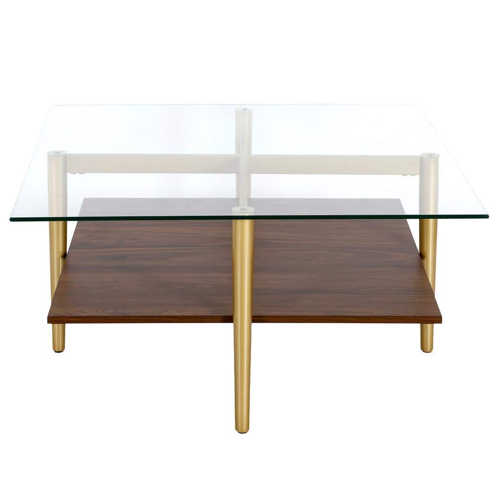 Mid-Century Modern Brass & Walnut Coffee Table with Glass Top