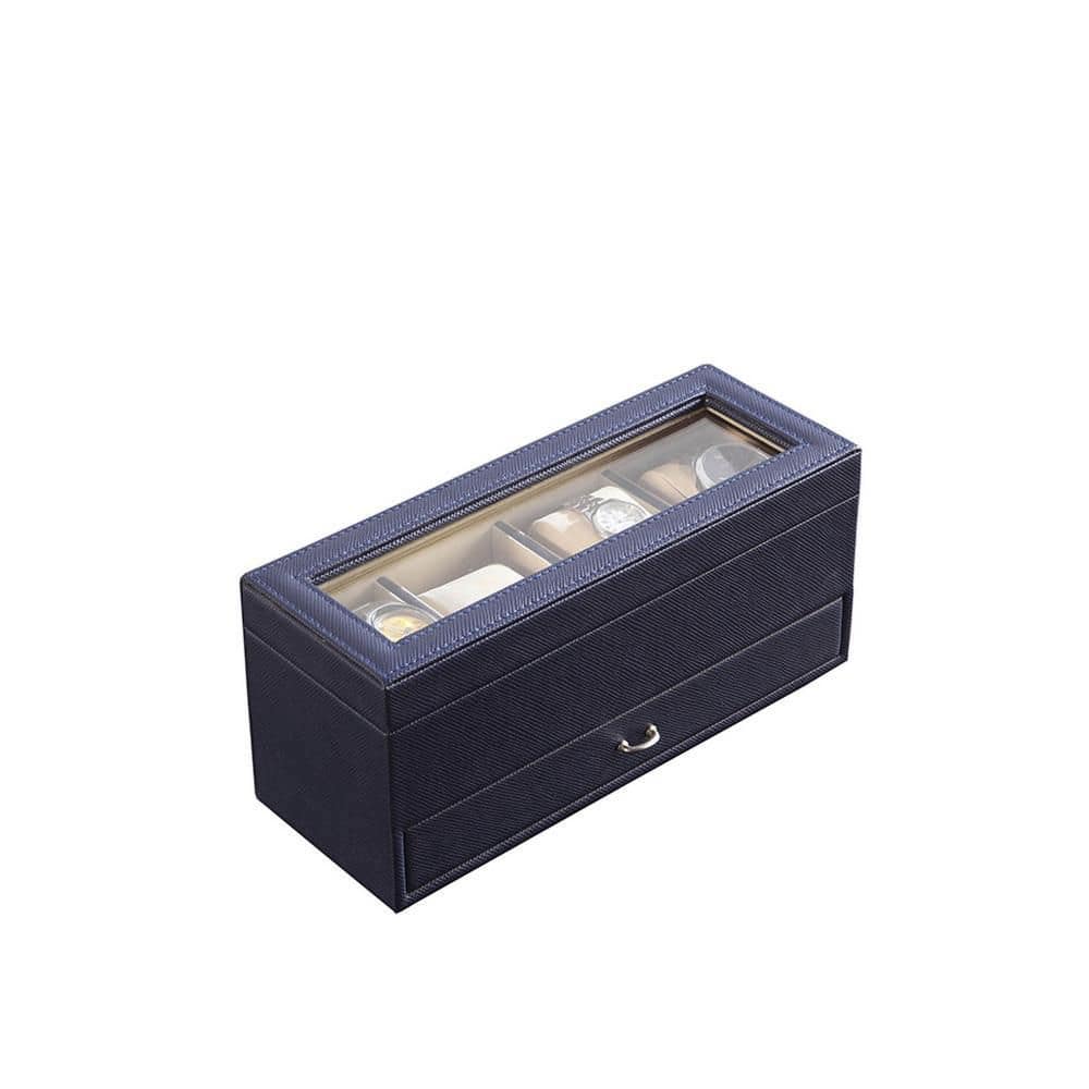 Blue Rectangular Wood Watch Case with Drawer Display and 4 Slots