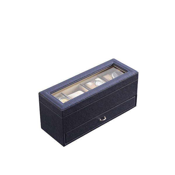 Blue Rectangular Wood Watch Case with Drawer Display and 4 Slots