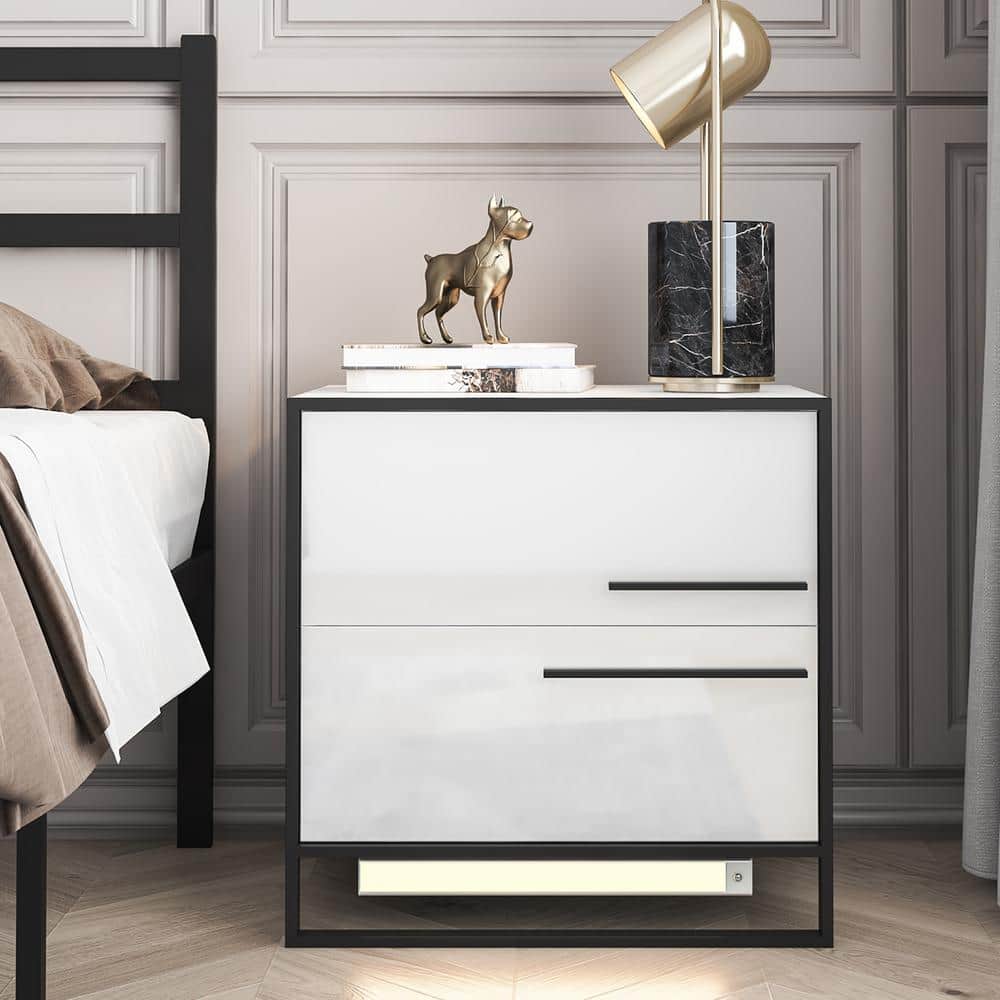 Hommpa Modern LED 2-Drawer White&Black Nightstand 21.7 in. H x 21.7 in. W x  17.7 in. D With Motion Sensor Light SKUJ21471 - The Home Depot