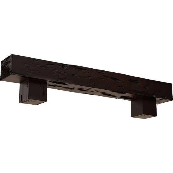 Ekena Millwork 6 in. x 10 in. x 4 ft. Pecky Cypress Faux Wood Fireplace Mantel Kit, Alamo Corbels, Premium Mahogany