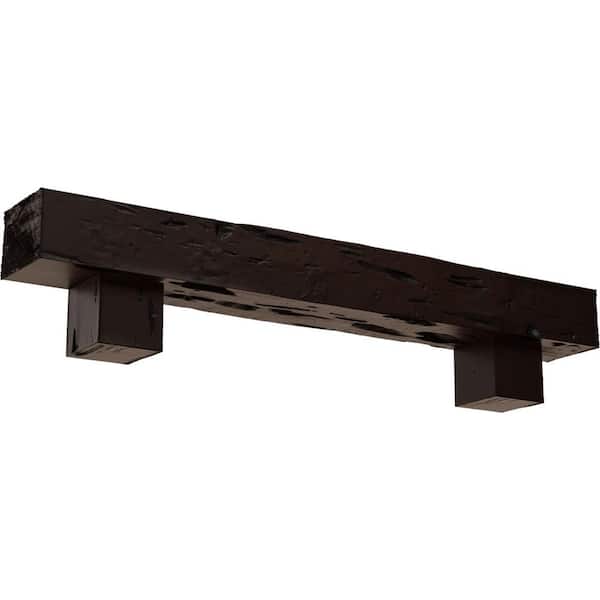 Ekena Millwork 8 in. x 8 in. x 5 ft. Pecky Cypress Faux Wood Fireplace Mantel Kit with Alamo Corbels, Premium Mahogany