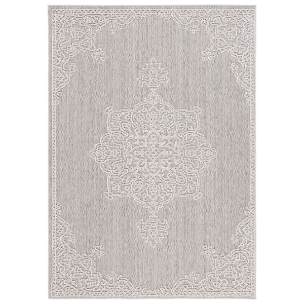 Global Gray/Ivory 4 ft. x 6 ft. Ornate Border Medallion Indoor/Outdoor Area Rug
