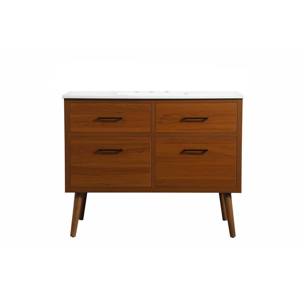 42 in. W x 22 in. D x 33.5 in. H Bath Vanity in Teak with Ivory White Engineered Stone Top