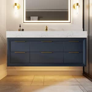 48 in. W x 20.9 in. D x 21.3 in. H Wall Mount Solid Wood Bath Vanity in Blue with White Cultured Marble Top, LED Light