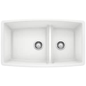 PERFORMA Silgranit 33 in. Undermount 60/40 Double Bowl White Granite Composite Kitchen Sink with Low Divide