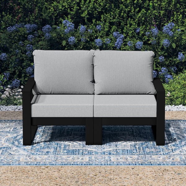 Endless Black Frame HDPE Plastic Outdoor Patio Modern Modular Loveseat with Light Gray Cushions