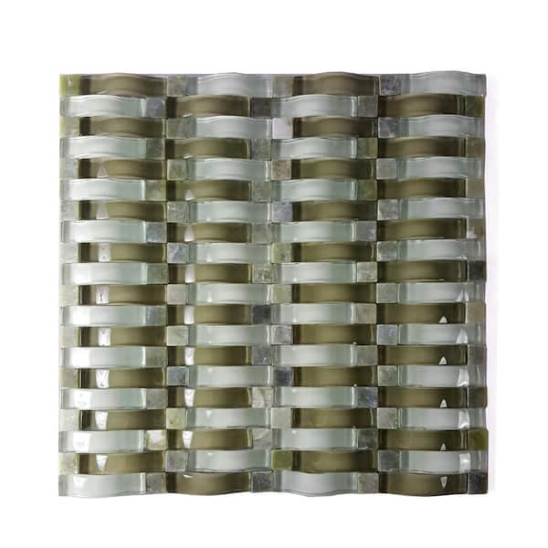ABOLOS Midcentury Modern Green 12 in. x 12 in. 3D Multi Finish Glass & Stone Mosaic Wall Tile (1.05 sq. ft./Each)