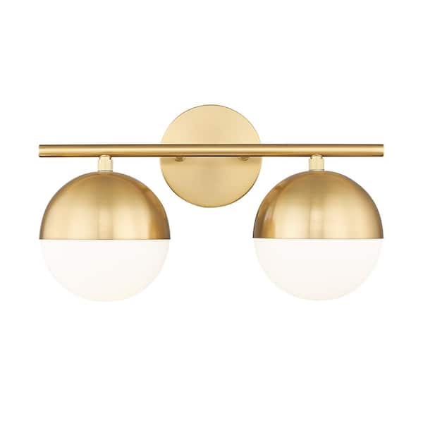 Realm Sphere 16 in. Modern Gold 2 Light Vanity Light with Matte Opal Glass Shades