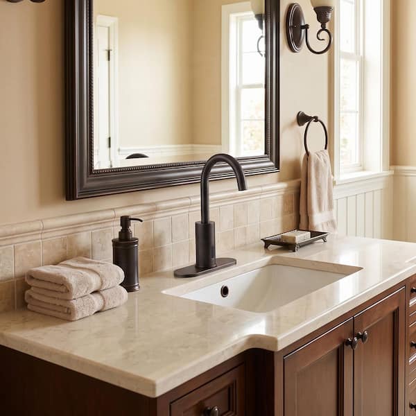 Sensor Touchless Single Hole Bathroom Sink Faucet with Deckplate and Adjustable Temperature in Oil Rubbed Bronze