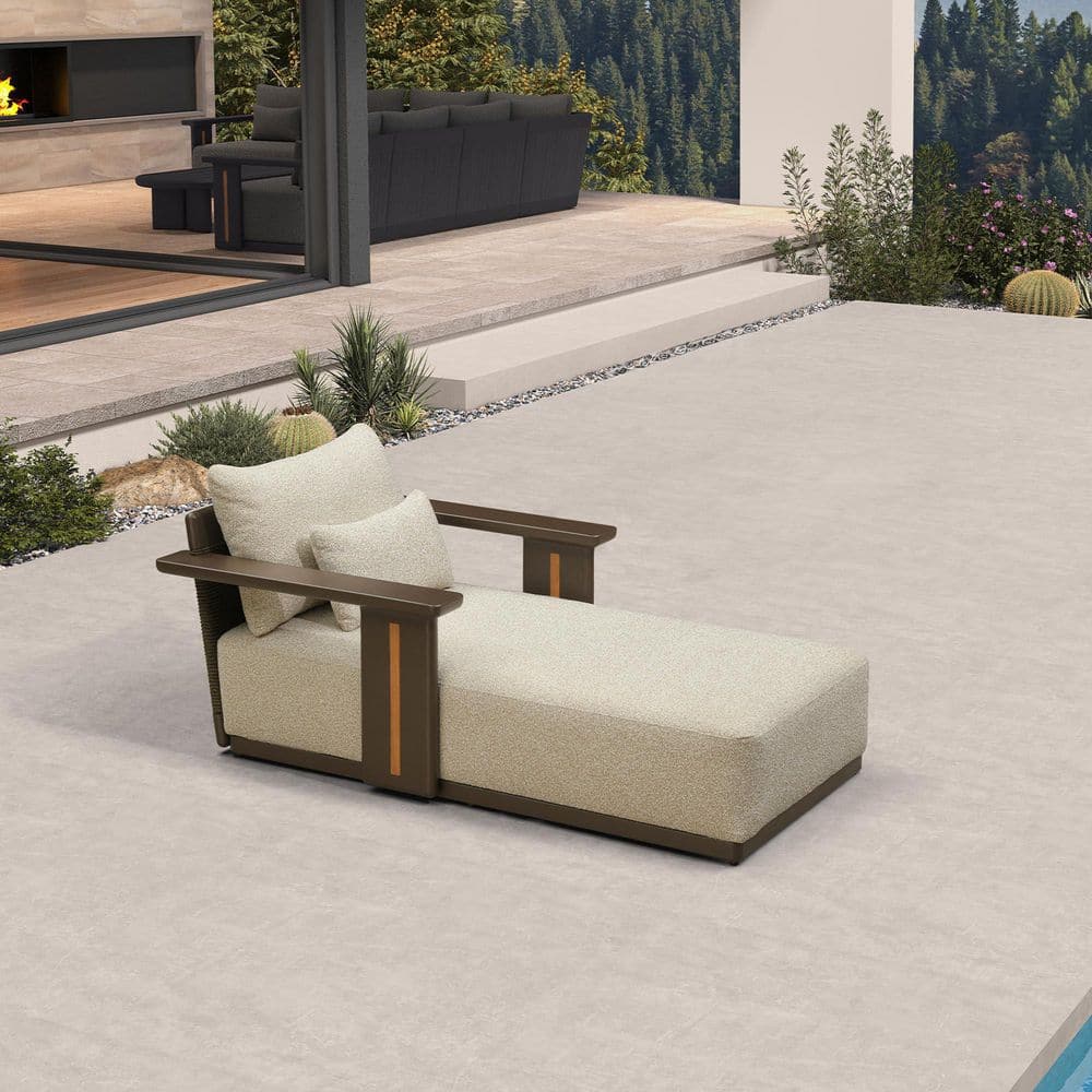 Bronze 1-Piece Aluminum Outdoor Chaise Lounge with Beige Cushion, Pillow and Wide Armrest for Beach Pool Lawn