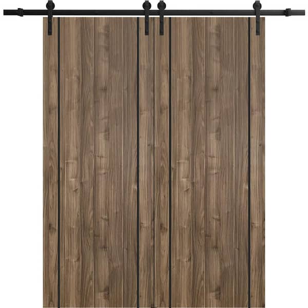 Sartodoors 24 in. x 80 in. 2 Panel Walnut Solid Wood with Honeycomb Sliding Barn Door with Hardware Kit