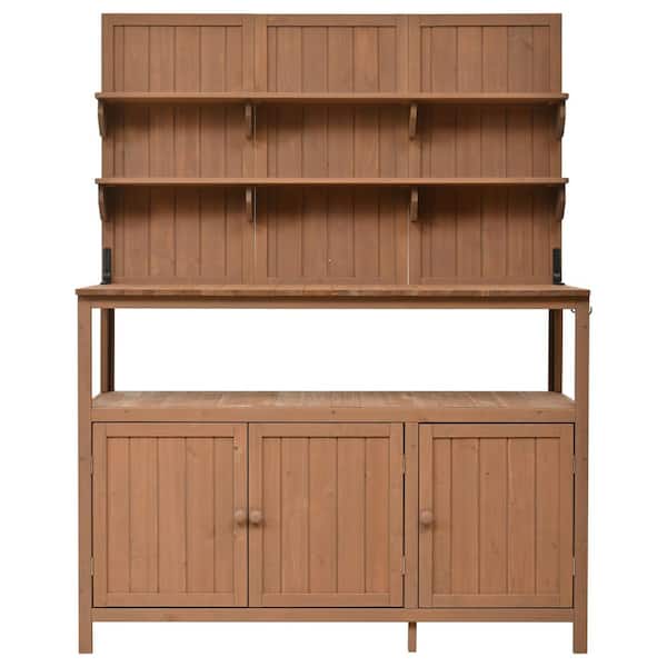 50.2 in. W x 65.4 in. H Brown Fir Wood Potting Bench with Hutch, 2 Shelves, 2 Cabinets, 3 Side Hooks