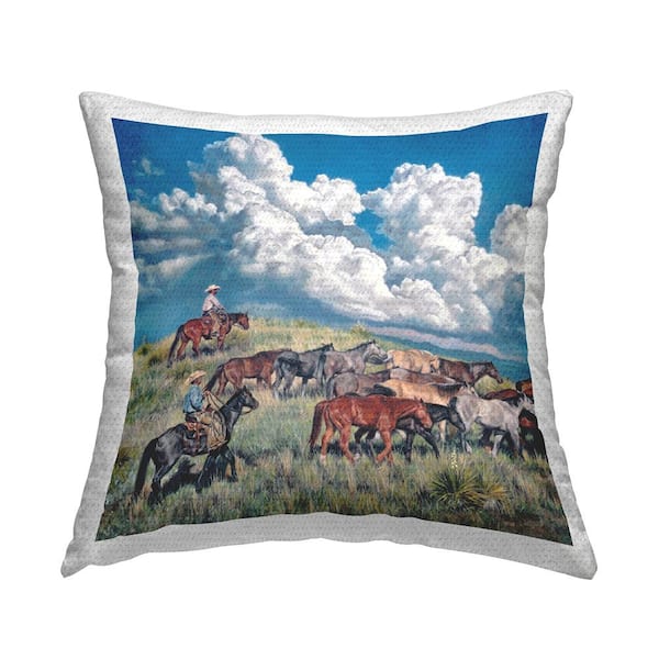 Stupell Industries Western Cowboy Horse Landscape Blue Square Outdoor Throw Pillow