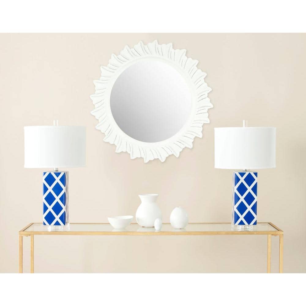 Antique White Round Wood Sunburst Wall Mirror