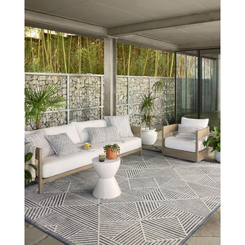 Modern Denim and Ivory Geometric Low-Pile Area Rug