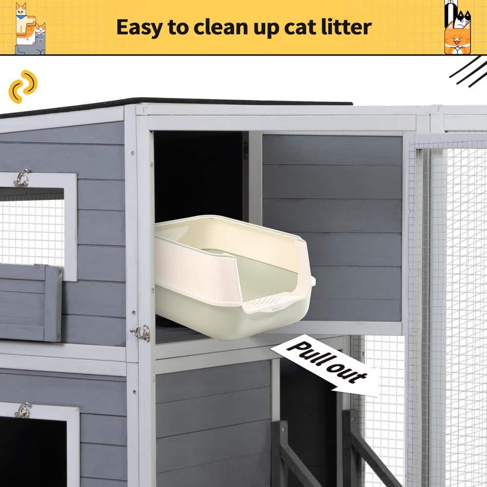 Large Gray Wood Outdoor Cat Enclosure with Mesh Panels