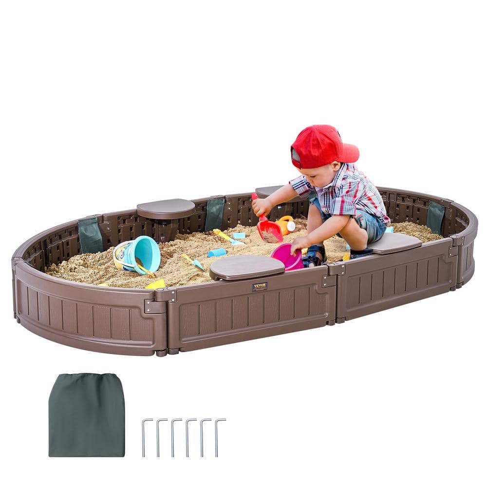 VEVOR Sandbox with Cover, 3 ft. W x 6 ft. L Oval Sandbox, HDPE Sand Pit with 4 Corner Seating and Bottom Liner