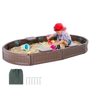 Sandbox with Cover, 3 ft. W x 6 ft. L Oval Sandbox, HDPE Sand Pit with 4 Corner Seating and Bottom Liner
