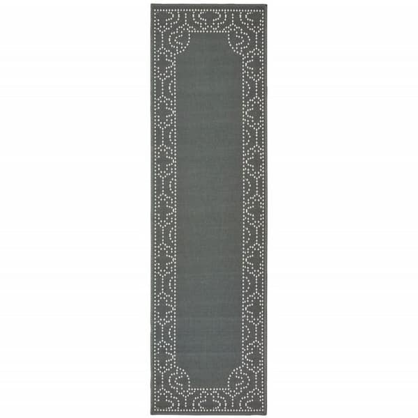 Gray, Ivory 2 ft. x 8 ft. Loomed Border Polypropylene Rectangle Indoor/Outdoor Area Rug