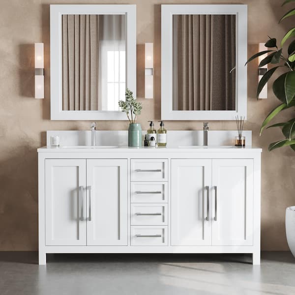 Almeria 63 in. x 22 in. x 36 in. White Wood Double Vanity with White Quartz Counter Top, with White Basins and Mirror