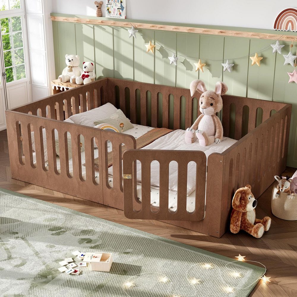 Deep Natural Brown Wood Frame Queen Size Platform Bed with High Fence