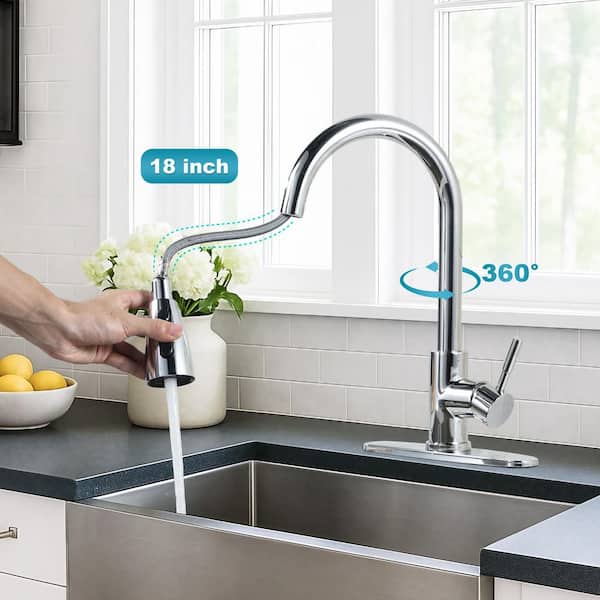 15.6 in. Single Handle Pull Down Kitchen Faucet with 18 in. Sprayer and 360 Degree Swivel in Chrome
