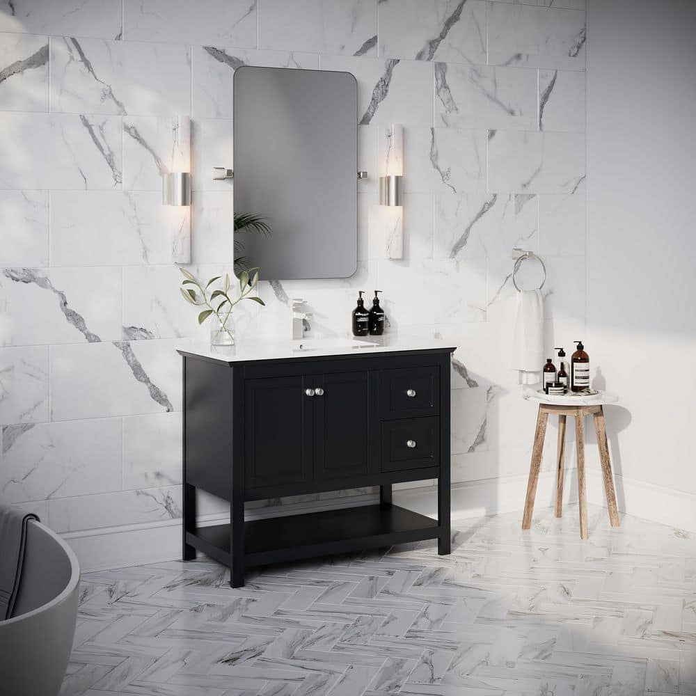 Elegant 42" Black Quartz Top Solid Wood Freestanding Vanity with Sink