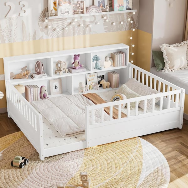 Emery Kids Floor Bed White Wooden Frame Full Platform Bed with Storage Bookcase and Guardrails